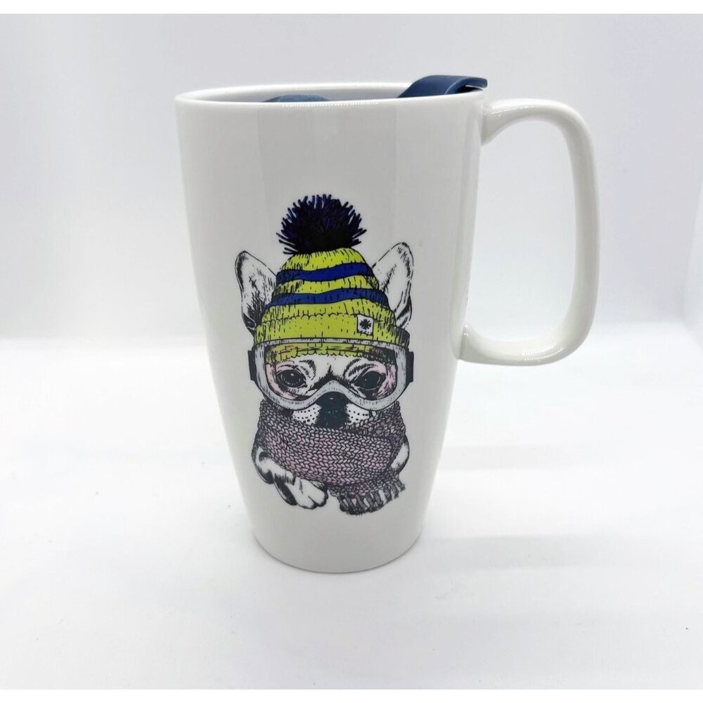 Coco & Lola French bulldog mug w/lid, winter scarf and hat ski goggles
